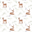 © Ekatmart - Watercolor seamless pattern baby deer and meadow flowers. Spotted deer isolated on white background. Hand painted wild animal template for fabric. Animal for design print or background. bluebell