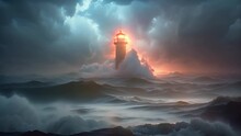 White Lighthouse In The Middle Of The Ocean, Big Waves And Storm Around The Light House, Dark Clouds, Lighthouse Sunken By Ocean And Sea. Painting, Concept Art, Cinematic Light, Illustration