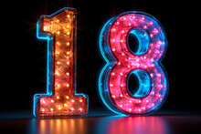 Number 18 - Colorful Glowing Outline Alphabet Symbol On Blue Lens Flare Dark Background