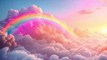 Pastel Clouds With Beautiful Rainbow. Holographic Fantasy Rainbow Unicorn Background With Clouds. Pastel Color Sky. Magical Landscape, Abstract Fabulous Pattern. Cute Candy Fantasy In The Sky