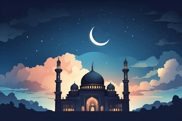 Wall Mural - Digital illustration of a mosque on a starry night, ramadan, crescent moon and stars, mosque, generative AI