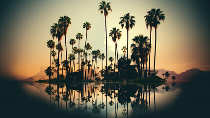 Wall Mural - Silhouettes of palm trees at sunset, dawn with reflection in the water. Generated by artificial intelligence