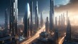 Futuristic overpopulated cityscape with traffic lights 