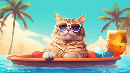 Wall Mural - A cat with a cocktail is lying relaxed by the pool. The concept of rest, vacations. A bright sunny day.