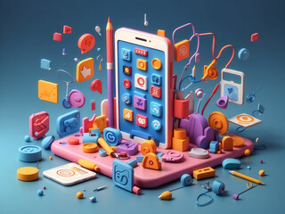 Wall Mural - marketing time. 3d smartphone with pencil and various icons of social networks. notifications, likes
