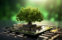 Árvore Crescendo No Ponto Convergente Da Placa De Circuito Do Computador. Computação Verde, Tecnologia Verde, TI Verde, RSE E ética De TI. Conceito De Tecnologia Verde. Tecnologia Verde Ambiental.