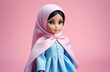 © Sarbinaz Mustafina - cute little muslim doll in pink dress. Muslim doll in hijab. Generative AI