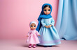 © Sarbinaz Mustafina - cute little muslim doll in pink dress. Muslim doll in hijab. Generative AI