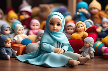  Close up of a Muslim baby doll sitting on the floor with toys in the background. Muslim doll in hijab. Generative AI