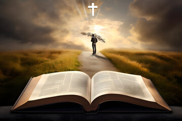 Wall Mural - Open bible with man and cross
