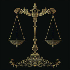 golden scale of justice logo on black background vector illustration, in the style of detailed botanical illustrations