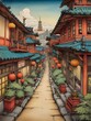 Japanische Skizzenbuchzeichnung einer Straße in einem traditionellen japanischen Dorf