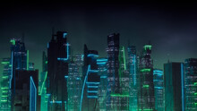 Futuristic Cityscape With Green And Blue Neon Lights. Night Scene With Advanced Superstructures.