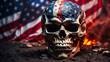 A skull in front of a USA flag