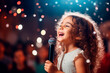 © EricMiguel - Happy girl singing with microphone on a festive, illuminated stage.