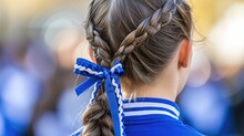 Girl With Braided Hair And Blue Ribbon From Behind