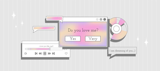 Wall Mural - Valentine's day banner with hearts. Retro computer interface aesthetics. Background with browser elements in y2k style with gradient.