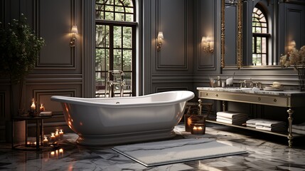 Wall Mural - Interior of modern bathroom with bathtub and mirror