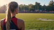 © Tati - A young athlete from behind looking onto a sports field at sunset