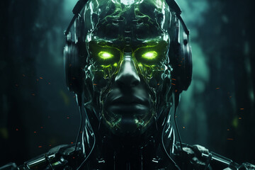 Wall Mural - portrait of a male soldier in a military uniform and a glass helmet, against a forest background at night, green color, science fiction concept and cyber art