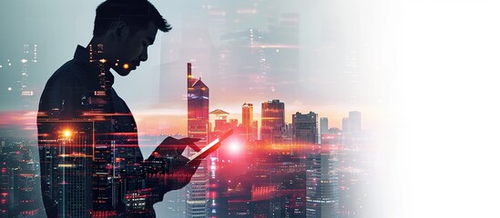 real estate concept : a businessman man uses a tablet and creates a hologram on it