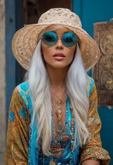 Wall Mural - A woman with long white hair and a straw hat poses in front of a blue wall. She wears round sunglasses and layered necklaces.