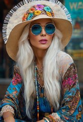 Wall Mural - A woman with long white hair and a colorful outfit sits on the ground. She wears a large hat, sunglasses. Her lips are bright pink. The background is blurry and there is a handbag next to her.