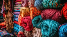 Vibrant Yarn Balls And Textiles In A Market Setting