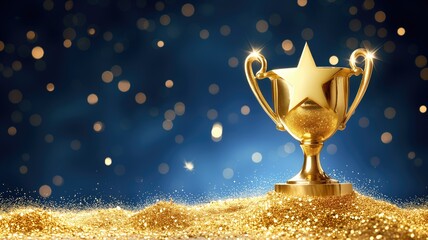 a star-shaped trophy on a glittery golden background with bokeh