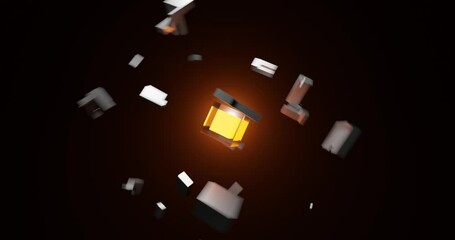 Rotating metal cube breaks into pieces. 3D Looped background.