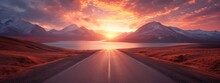 Sunset, Desert Mountains, Road Winding Along The Lake, Photo-realistic Hyperbole, Norwegian Nature, Light-filled Scenes
