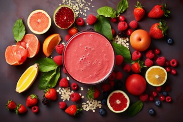 Poster - Healthy smoothie with fruits and berries on dark background. Top view