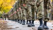 Military personnel marching in a line during autumn