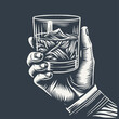 Hand holding a glass of whiskey. Vintage woodcut style vector illustration on dark background.