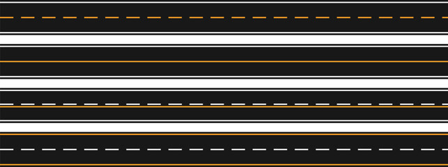 A set of straight asphalt road templates. seamless road background vector freeway road lanes with markings eps10