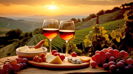 2 Glasses of Wine on a Wooden Table and Grapes. Romantic Party at Sunset by the Ocean. Atmosphere of Love and Nostalgic Memories