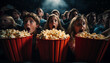 © Crowded Studio - Público joven asustado en el cine viendo una película de terror y gritando.Chicas y chicos adolescentes viendo una película de terror con palomitas.
