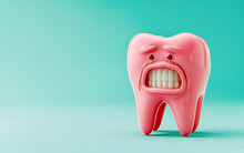 Image Of Red Colored Cartoon Tooth With Open Mouth And Toothache In Style Of Photobashing, Light Pink And Cyan Colors. Concept Of Dental Care And Stomatology