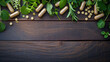 Herbal capsules from herbs on rustic wooden table with leaf for healthy lifestyle
