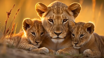 lion family resting in golden african savannah as the sun sets, wildlife photography