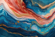 Art Abstract Flow Acrylic And Watercolor Marble Blot Painting. Blue, Red And Gold Color Wave Horizontal Texture Background