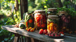 preservation of vegetables on a wooden table against the background of nature