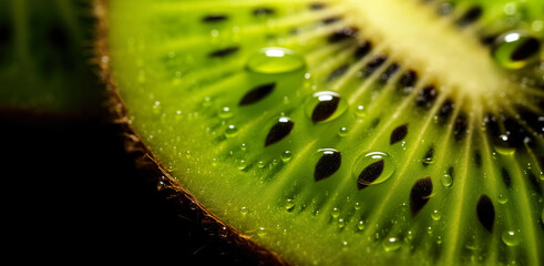 Fresh kiwi fruit slice, with water drops over it, closeup macro detail. Generative AI