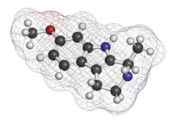 Sticker - Tetrahydroharmine indole alkaloid molecule. 3D rendering.