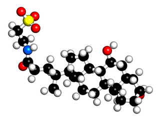 Sticker - Taurursodiol drug molecule. Also known as ursodoxicoltaurine and tauroursodeoxycholic acid or TUDCA. 3D rendering.