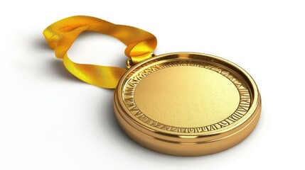 Gold medal with golden ribbon, faint shadow, isolated on white background.