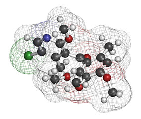 Sticker - Pyriofenone fungicide molecule. 3D rendering.