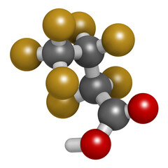 Wall Mural - Perfluorobutanoic acid molecule. Also now as heptafluorobutyric acid (HFBA). 3D rendering.