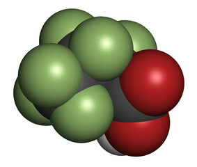 Poster - Perfluorobutanoic acid molecule. Also now as heptafluorobutyric acid (HFBA). 3D rendering.