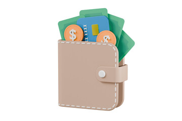 Poster - 3D Wallet with Credit card, money bank note and coins. Business financial investment.Money saving concept. Online payment.Cash and cashless.minimal Cartoon design icon isolated background.3D Rendering